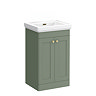 Roxbury Traditional 500mm Satin Green Vanity Unit - Floor Standing 2 Door Unit with Brushed Brass Handles 0 Tap Hole