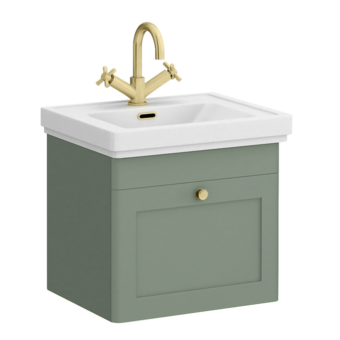 Roxbury Traditional 500mm Satin Green Vanity Unit - Wall Hung Single Drawer Unit with Brushed Brass Handle