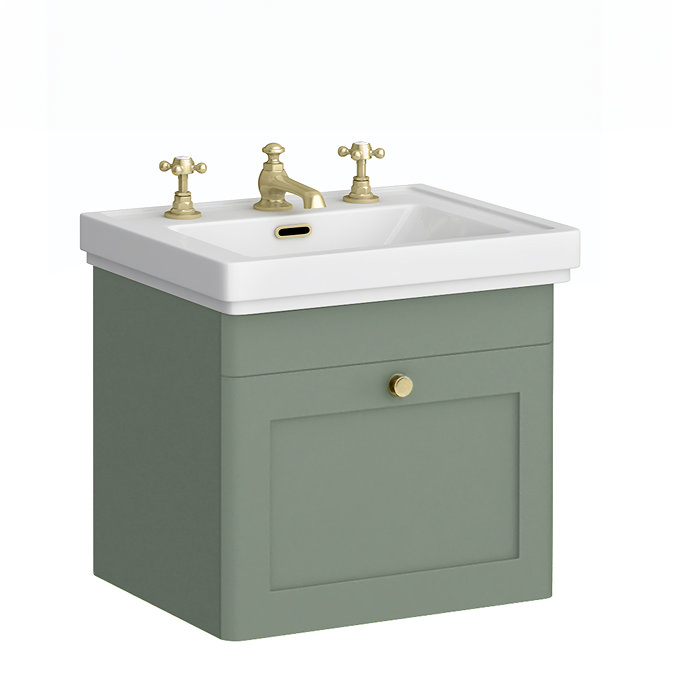 Roxbury Traditional 500mm Satin Green Vanity Unit - Wall Hung Single Drawer Unit with Brushed Brass Handle 3 Tap Hole