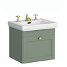 Roxbury Traditional 500mm Satin Green Vanity Unit - Wall Hung Single Drawer Unit with Brushed Brass Handle 3 Tap Hole