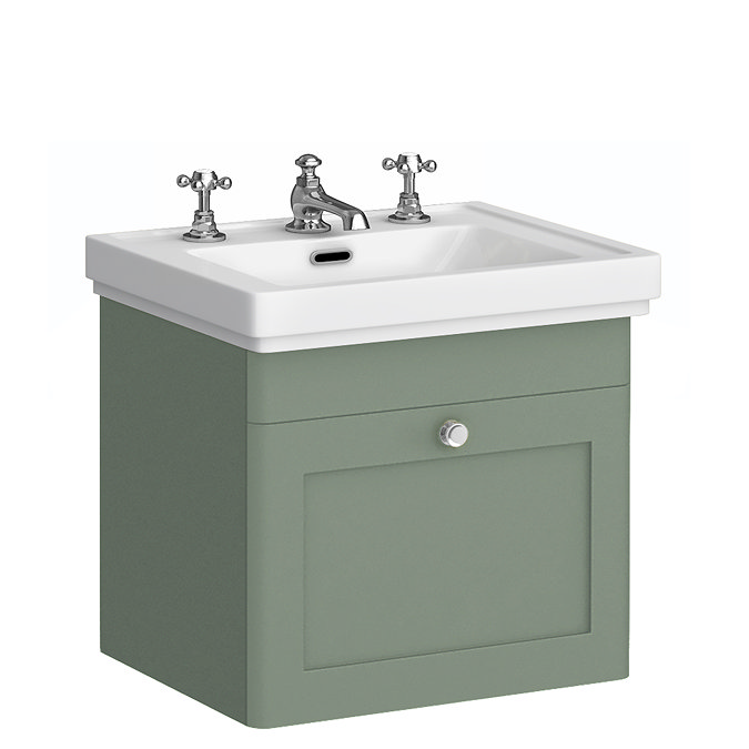 Roxbury Traditional 500mm Satin Green Vanity Unit - Wall Hung Single Drawer Unit with Chrome Handles 3 Tap Hole