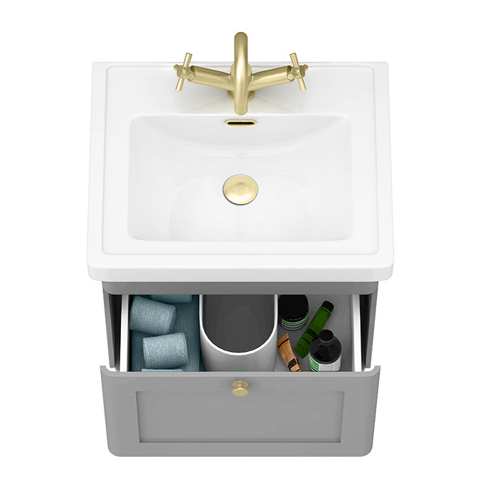 Roxbury Traditional 500mm Satin Grey Vanity Unit - Wall Hung Single Drawer Unit with Brushed Brass Handle