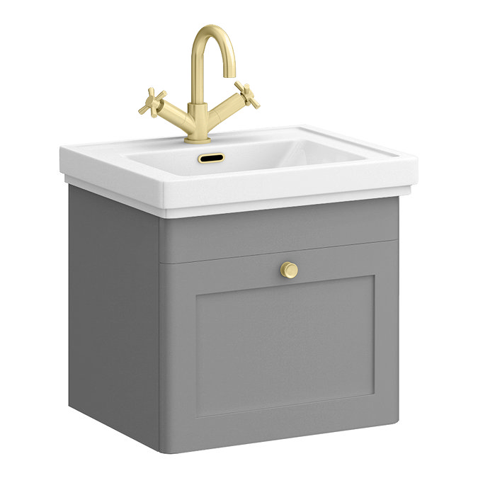 Roxbury Traditional 500mm Satin Grey Vanity Unit - Wall Hung Single Drawer Unit with Brushed Brass Handle