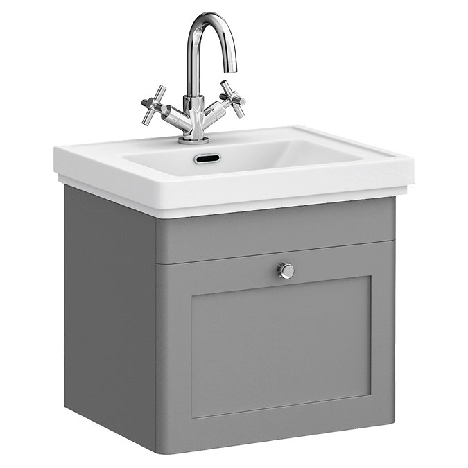 Roxbury Traditional 500mm Satin Grey Vanity Unit - Wall Hung Single Drawer Unit with Chrome Handle