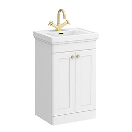 Roxbury Traditional 500mm Satin White Vanity Unit - Floor Standing 2 Door Unit with Brushed Brass Handles