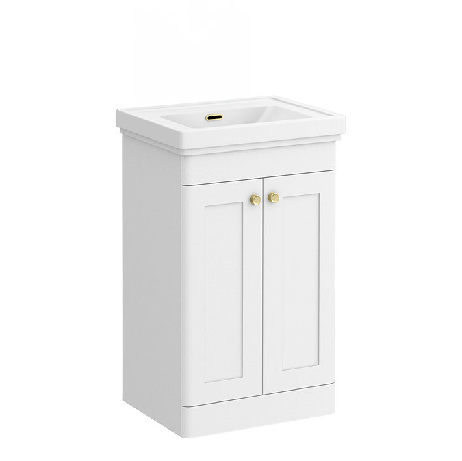 Roxbury Traditional 500mm Satin White Vanity Unit - Floor Standing 2 Door Unit with Brushed Brass Handles