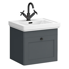 Roxbury Traditional 500mm Satin Anthracite Vanity Unit - Wall Hung Single Drawer Unit with Matt Black Handle
