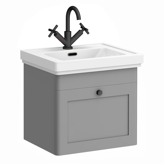 Roxbury Traditional 500mm Satin Grey Vanity Unit - Wall Hung Single Drawer Unit with Matt Black Handle