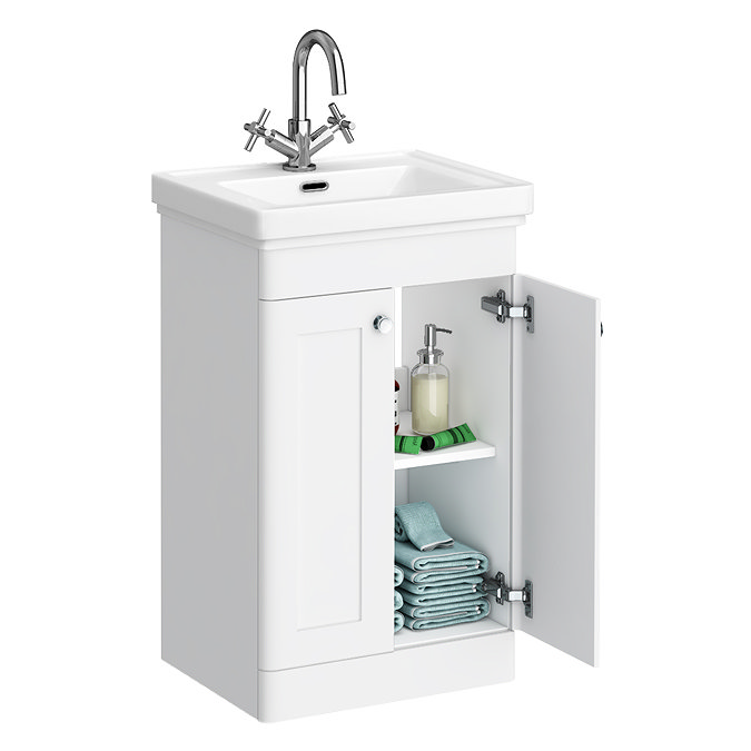 Roxbury Traditional 500mm Satin White Vanity Unit - Floor Standing 2 Door Unit with Chrome Handles