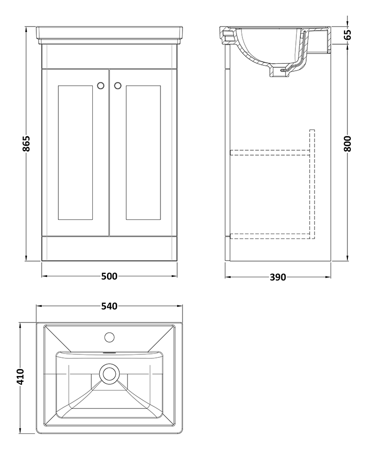 Roxbury Traditional 500mm Satin White Vanity Unit - Floor Standing 2 Door Unit with Chrome Handles