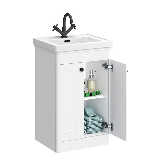 Roxbury Traditional 500mm Satin White Vanity Unit - Floor Standing 2 Door Unit with Matt Black Handles