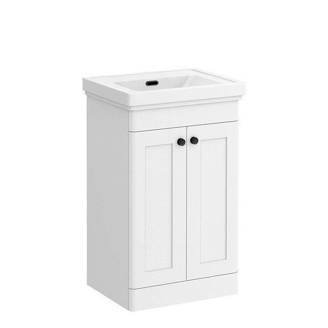 Roxbury Traditional 500mm Satin White Vanity Unit - Floor Standing 2 Door Unit with Matt Black Handles 0 Tap Hole