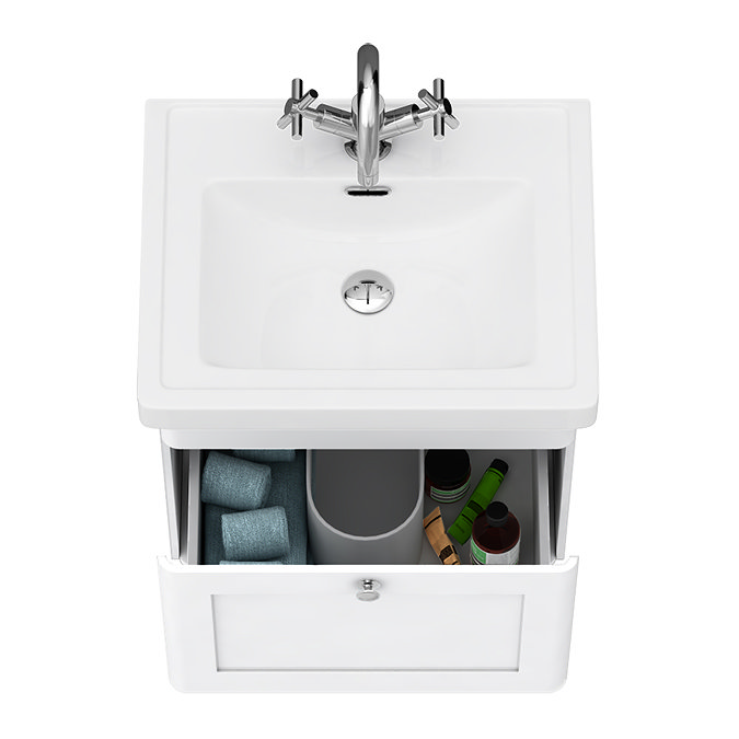 Roxbury Traditional 500mm Satin White Vanity Unit - Wall Hung Single Drawer Unit with Chrome Handle