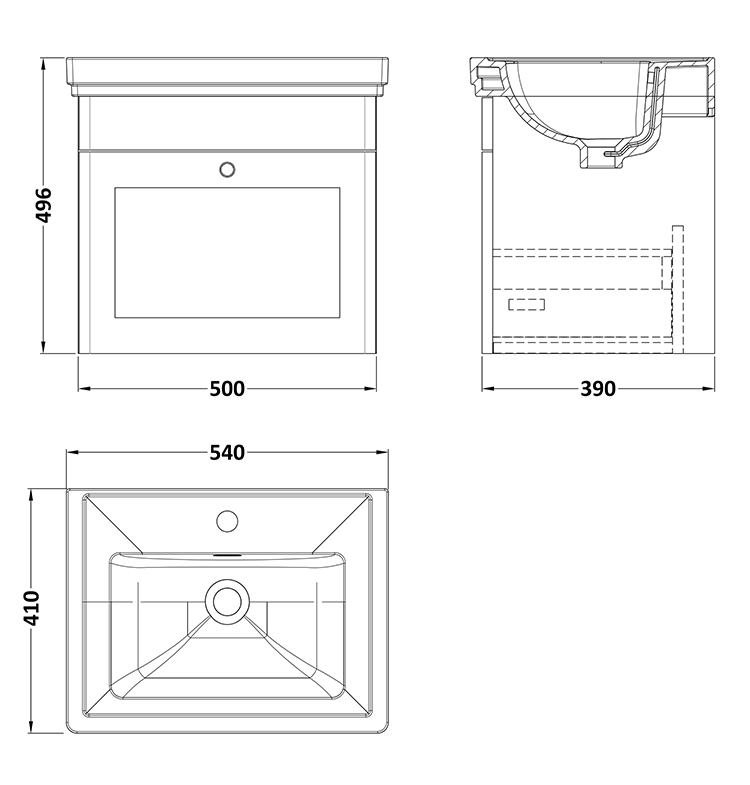 Roxbury Traditional 500mm Satin White Vanity Unit - Wall Hung Single Drawer Unit with Chrome Handle
