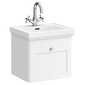 Roxbury Traditional 500mm Satin White Vanity Unit - Wall Hung Single Drawer Unit with Chrome Handle