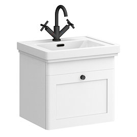 Roxbury Traditional 500mm Satin White Vanity Unit - Wall Hung Single Drawer Unit with Matt Black Handle