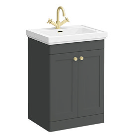 Roxbury Traditional 600mm Satin Anthracite Vanity Unit - Floor Standing 2 Door Unit with Brushed Brass Handles