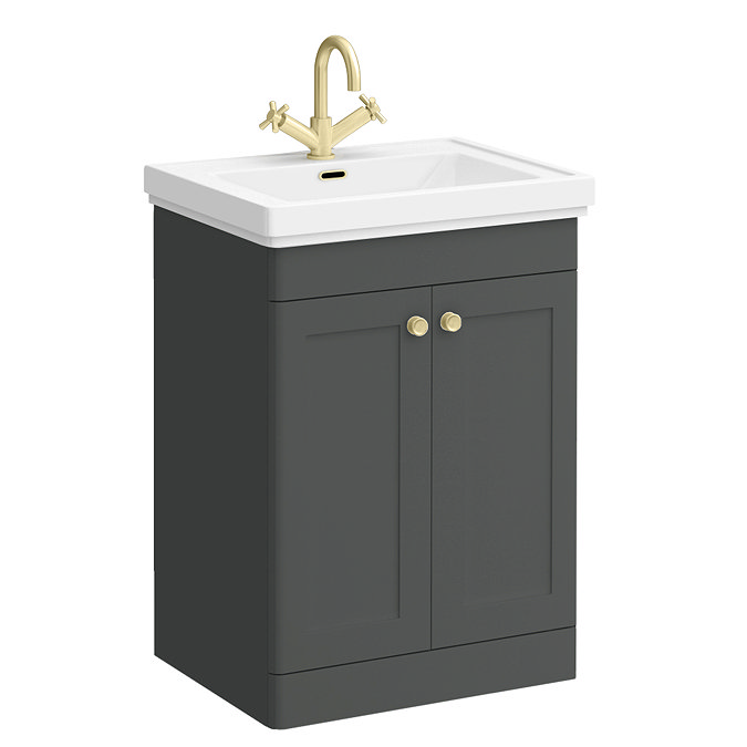 Roxbury Traditional 600mm Satin Anthracite Vanity Unit - Floor Standing 2 Door Unit with Brushed Brass Handles