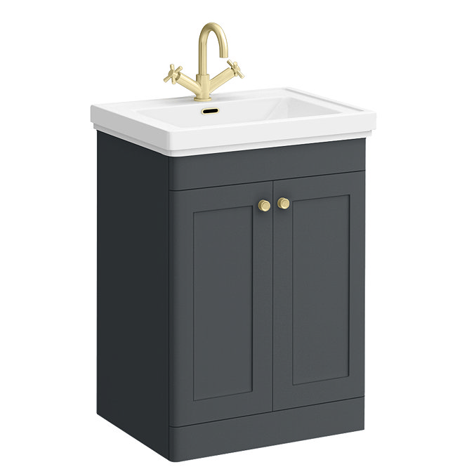 Roxbury Traditional 600mm Satin Anthracite Vanity Unit - Floor Standing 2 Door Unit with Brushed Brass Handles