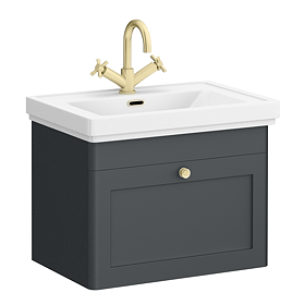 Roxbury Traditional 600mm Satin Anthracite Vanity Unit - Wall Hung Single Drawer Unit with Brushed Brass Handle