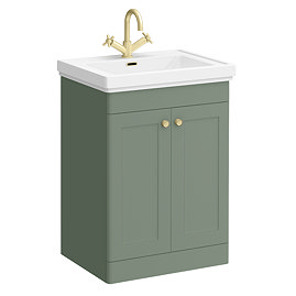 Roxbury Traditional 600mm Satin Green Vanity Unit - Floor Standing 2 Door Unit with Brushed Brass Handles