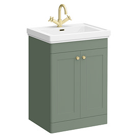 Roxbury Traditional 600mm Satin Green Vanity Unit - Floor Standing 2 Door Unit with Brushed Brass Handles