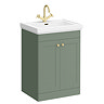 Roxbury Traditional 600mm Satin Green Vanity Unit - Floor Standing 2 Door Unit with Brushed Brass Handles