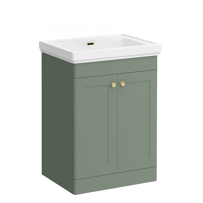Roxbury Traditional 600mm Satin Green Vanity Unit - Floor Standing 2 Door Unit with Brushed Brass Handles 0 Tap Hole
