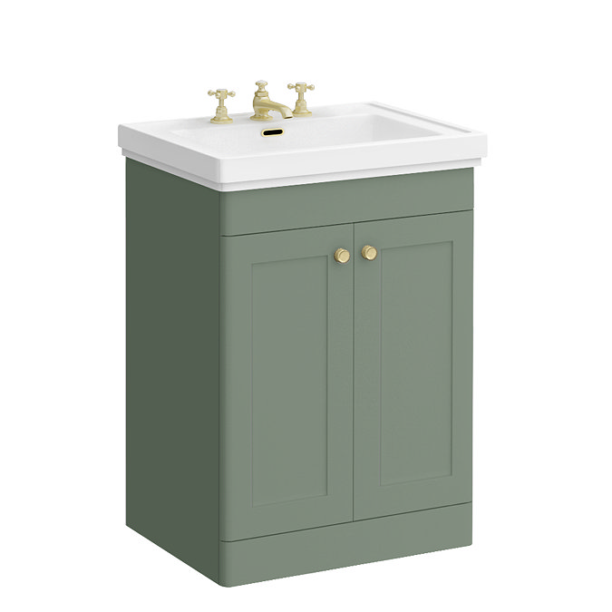 Roxbury Traditional 600mm Satin Green Vanity Unit - Floor Standing 2 Door Unit with Brushed Brass Handles