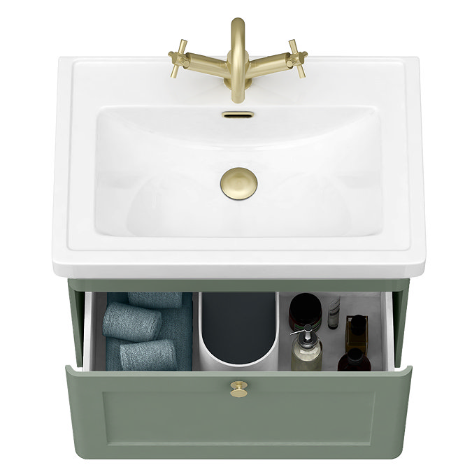 Roxbury Traditional 600mm Satin Green Vanity Unit - Wall Hung Single Drawer Unit with Brushed Brass Handle