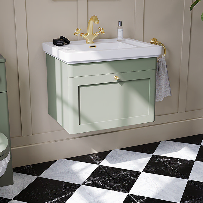 Roxbury Traditional 600mm Satin Green Vanity Unit - Wall Hung Single Drawer Unit with Brushed Brass Handle