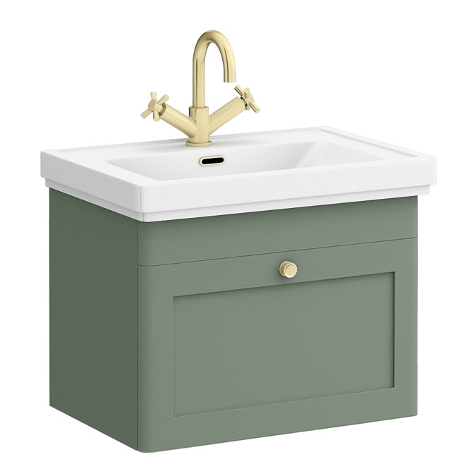 Roxbury Traditional 600mm Satin Green Vanity Unit - Wall Hung Single Drawer Unit with Brushed Brass Handle