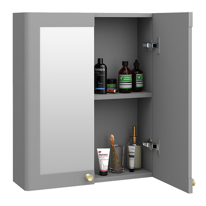 Roxbury Traditional 600mm Satin Grey Mirror Cabinet with Brushed Brass Handles