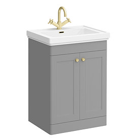Roxbury Traditional 600mm Satin Grey Vanity Unit - Floor Standing 2 Door Unit with Brushed Brass Handles