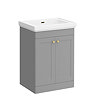 Roxbury Traditional 600mm Satin Grey Vanity Unit - Floor Standing 2 Door Unit with Brushed Brass Handles 0 Tap Hole