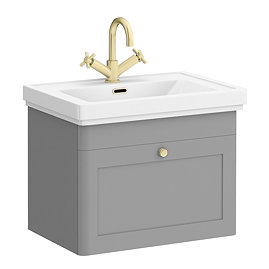 Roxbury Traditional 600mm Satin Grey Vanity Unit - Wall Hung Single Drawer Unit with Brushed Brass Handle