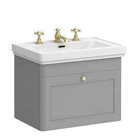 Roxbury Traditional 600mm Satin Grey Vanity Unit - Wall Hung Single Drawer Unit with Brushed Brass Handle