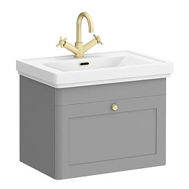 Roxbury Traditional 600mm Satin Grey Vanity Unit - Wall Hung Single Drawer Unit with Brushed Brass Handle
