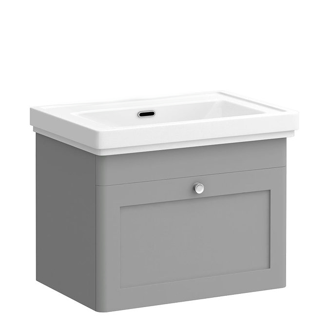 Roxbury Traditional 600mm Satin Grey Vanity Unit - Wall Hung Single Drawer Unit with Chrome Handle