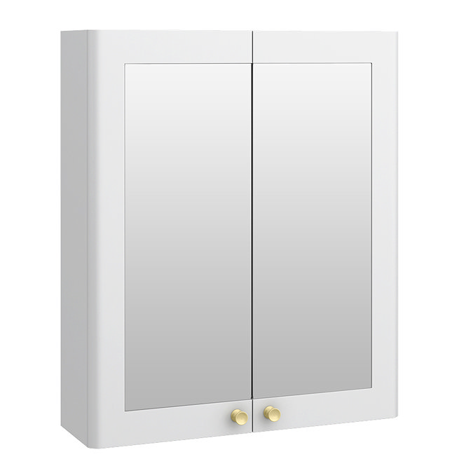 Roxbury Traditional 600mm Satin White Mirror Cabinet with Brushed Brass Handles
