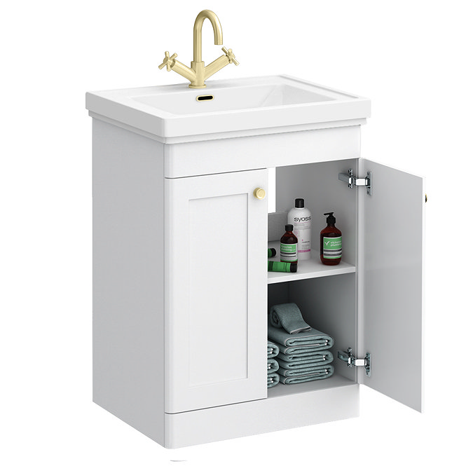 Roxbury Traditional 600mm Satin White Vanity Unit - Floor Standing 2 Door Unit with Brushed Brass Handles