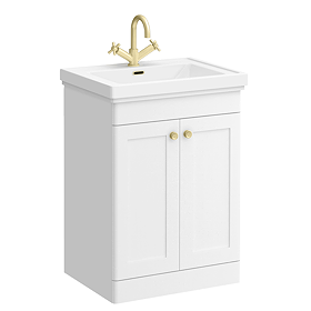 Roxbury Traditional 600mm Satin White Vanity Unit - Floor Standing 2 Door Unit with Brushed Brass Handles