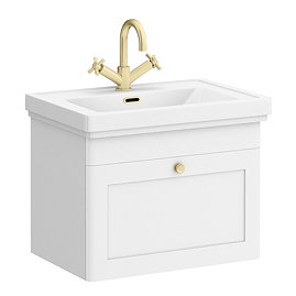 Roxbury Traditional 600mm Satin White Vanity Unit - Wall Hung Single Drawer Unit with Brushed Brass Handle