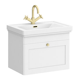 Roxbury Traditional 600mm Satin White Vanity Unit - Wall Hung Single Drawer Unit with Brushed Brass Handle