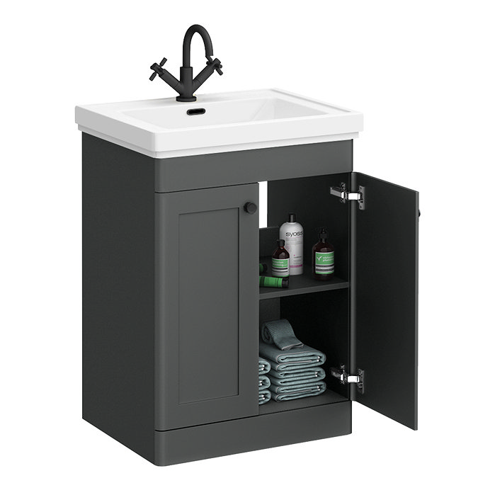 Roxbury Traditional 600mm Satin Anthracite Vanity Unit - Floor Standing 2 Door Unit with Matt Black Handles