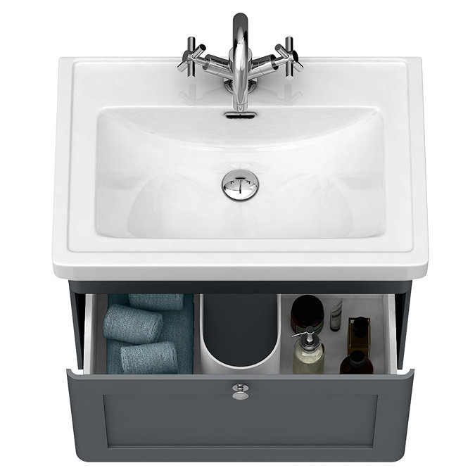 Roxbury Traditional 600mm Satin Anthracite Vanity Unit - Wall Hung Single Drawer Unit with Chrome Handle