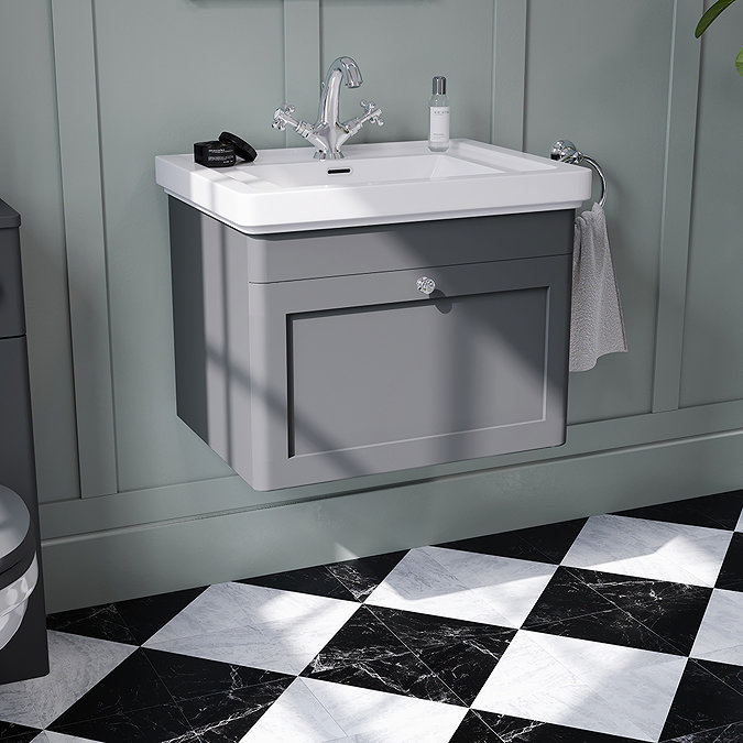 Roxbury Traditional 600mm Satin Anthracite Vanity Unit - Wall Hung Single Drawer Unit with Chrome Handle