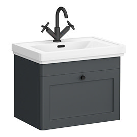 Roxbury Traditional 600mm Satin Anthracite Vanity Unit - Wall Hung Single Drawer Unit with Matt Black Handle