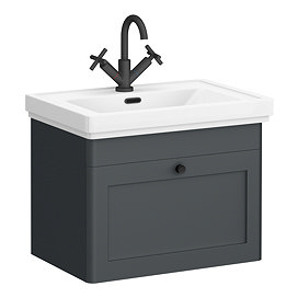 Roxbury Traditional 600mm Satin Anthracite Vanity Unit - Wall Hung Single Drawer Unit with Matt Black Handle