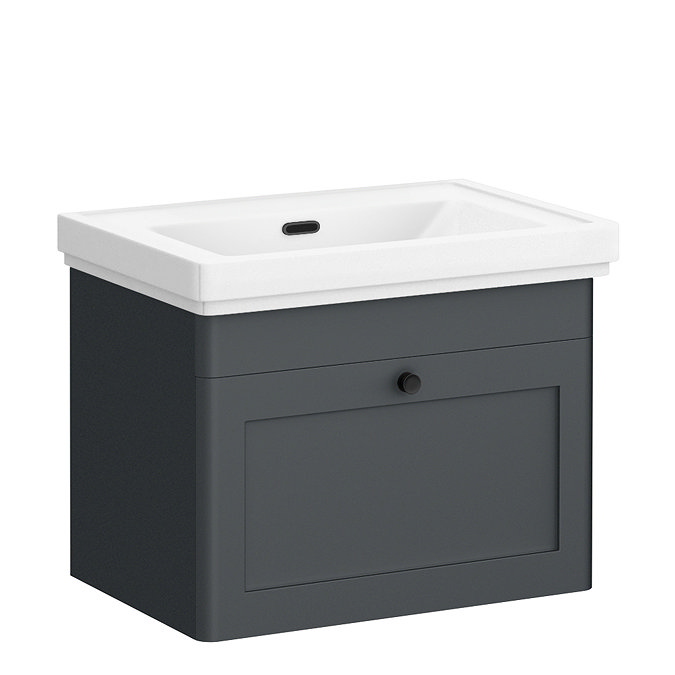 Roxbury Traditional 600mm Satin Anthracite Vanity Unit - Wall Hung Single Drawer Unit with Matt Black Handle 0 Tap Hole